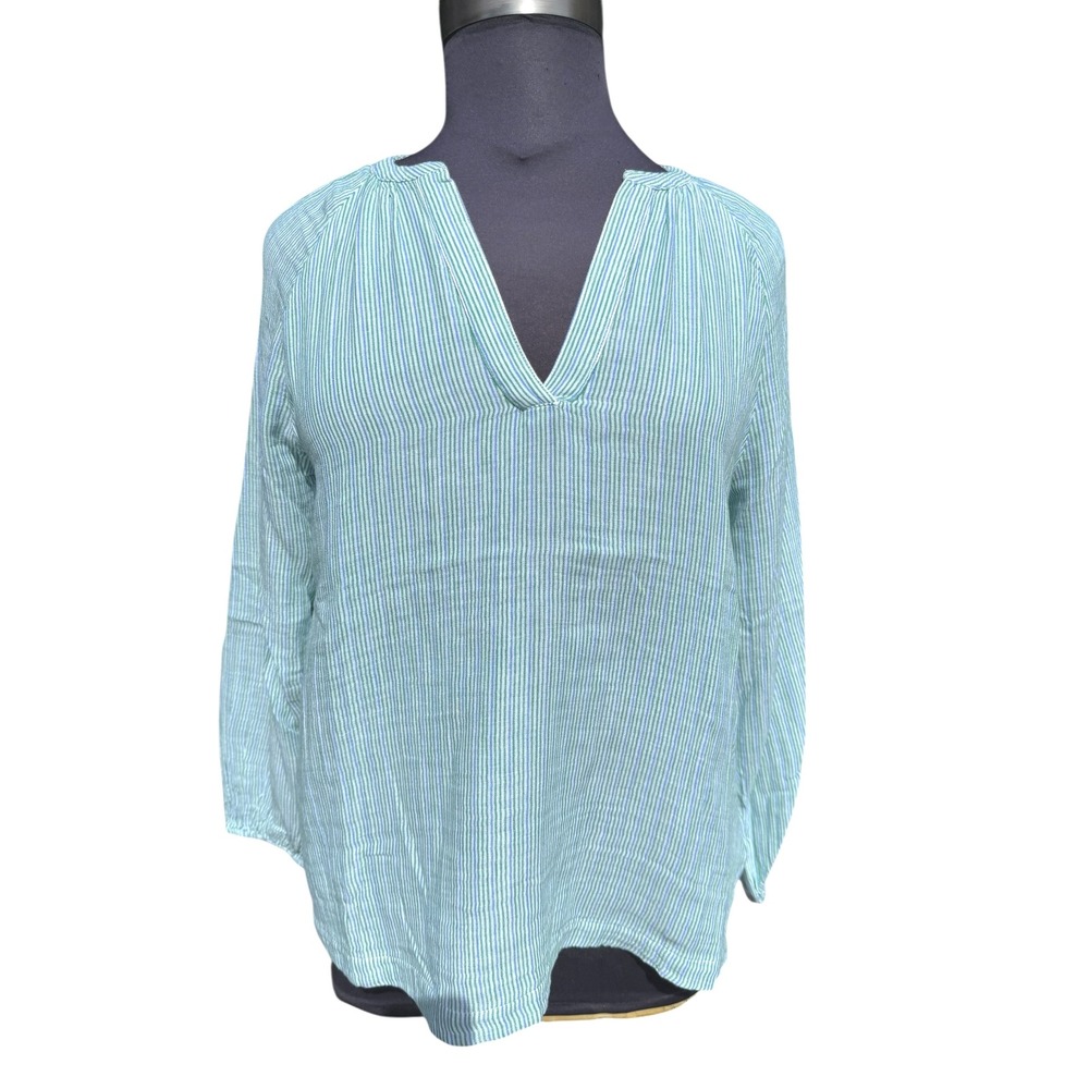 Old Navy Womens Top Size‎ L Green Blue Striped Long Sleeve V Neck Cotton Blend